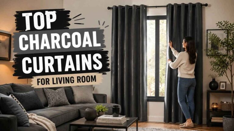 Modern living room with floor-length charcoal drapes installed on a wide window, showing how dark curtains enhance privacy, reduce glare, and add a sleek, elegant touch to the space.