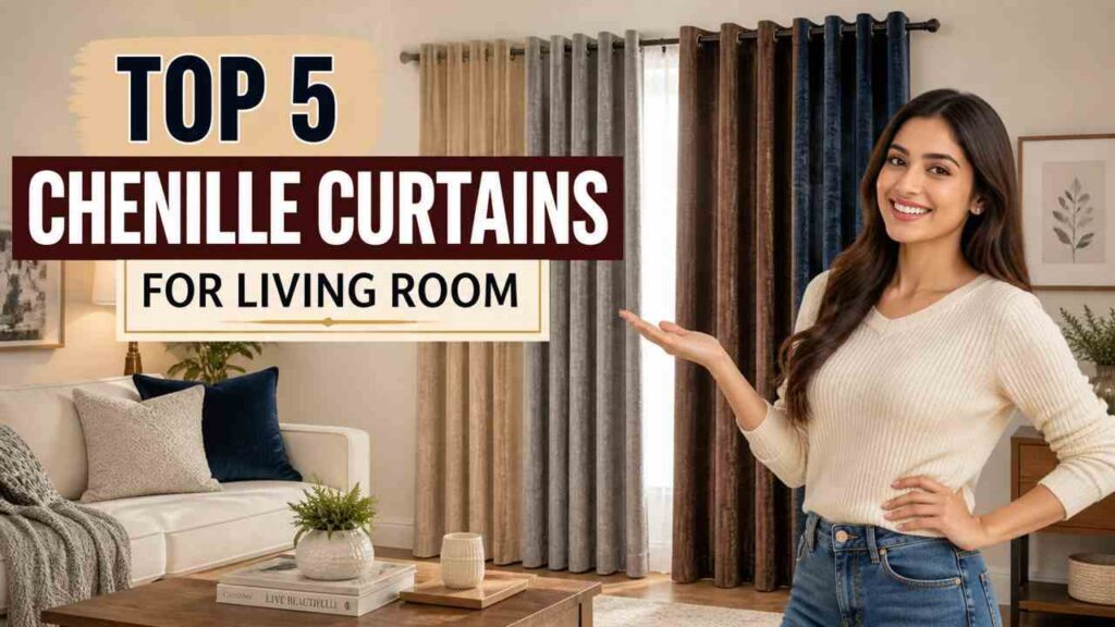 A cosy modern living room featuring thick chenille curtains for living room windows, styled with neutral décor, a sofa, a coffee table, and a woman presenting the elegant curtain setup.