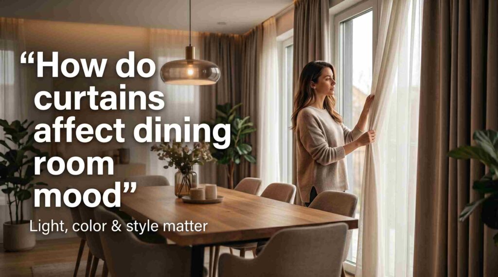 Modern dining room with soft neutral curtains filtering natural light, showing how window drapes influence dining space ambiance through colour, lighting, and style choices.