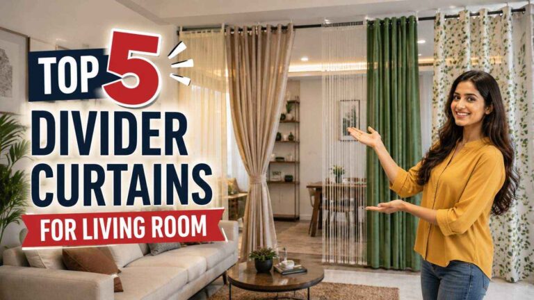 A woman is showcasing modern divider curtains for a living room featuring sheer beige panels, green velvet curtains, and stylish hanging string dividers in a contemporary home interior.