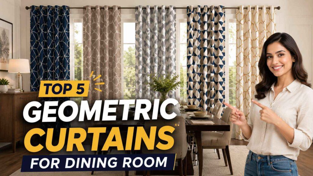 Modern dining room featuring stylish geometric curtains in multiple patterns, adding texture, contrast, and visual interest to the space.