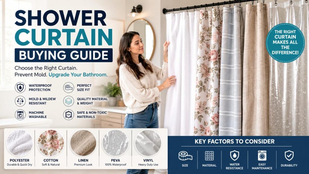 A modern bathroom interior featuring a woman choosing stylish waterproof shower curtains with different fabric options and a complete shower curtain buying guide for bathroom upgrades and mould prevention.