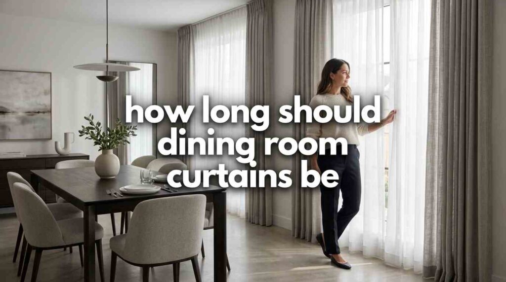 A modern dining space with sheer floor-to-ceiling drapes filtering daylight while a woman stands by the window, thoughtfully observing the proper curtain drop for an elegant dining area setup.