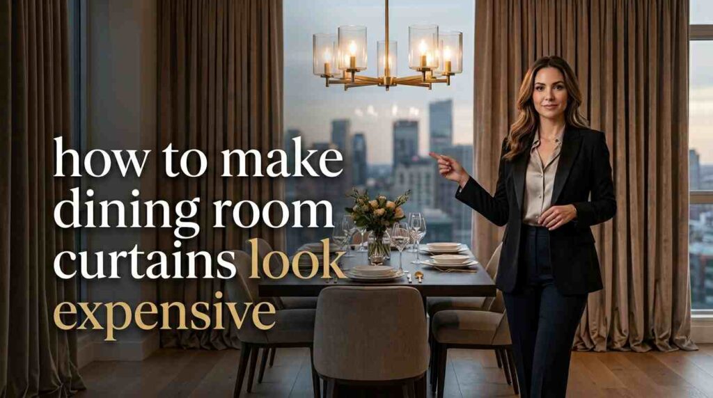 A modern dining room with a city view, elegant chandelier, and floor-length curtains, while a professionally dressed woman points toward the setup, showing ways to give dining room curtains a more expensive and luxurious look.