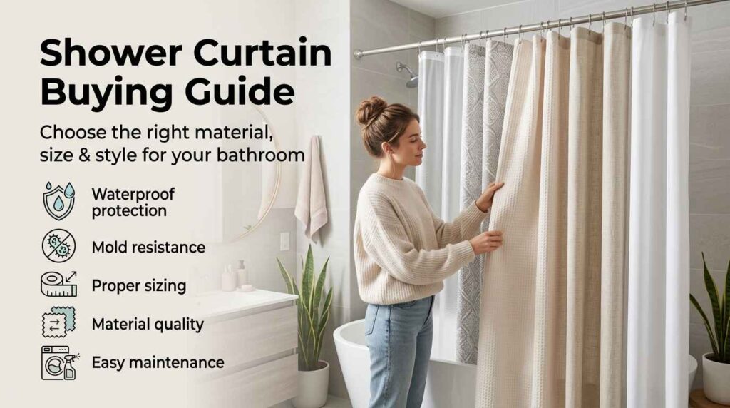 A woman selecting elegant neutral-toned bathroom curtains in a modern bathroom with tips for choosing waterproof, mould-resistant, and easy-maintenance shower curtain materials and sizes.