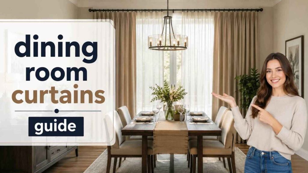 Elegant modern dining space with soft neutral window drapes, wooden dining table setup, and stylish dining room curtains creating a warm and cozy atmosphere.