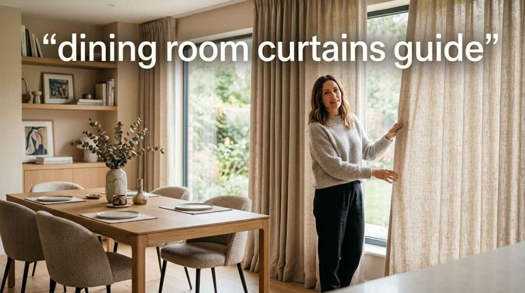 A woman adjusting soft beige window panels in a modern dining area with natural light and cozy home decor inspiration for elegant meal spaces.