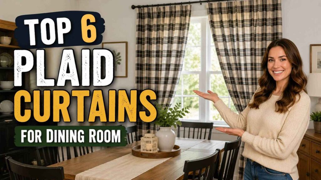 Alt Text: Modern dining space with black and beige checkered window panels, showcasing stylish plaid curtains for dining room decor alongside a wooden table and smiling woman presenting the setup.