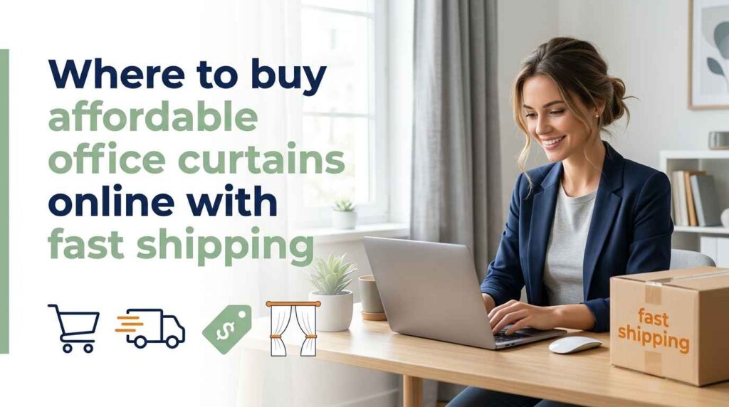 Professional woman shopping online for budget-friendly office curtains with quick delivery, sitting in a modern workspace with stylish window drapes.