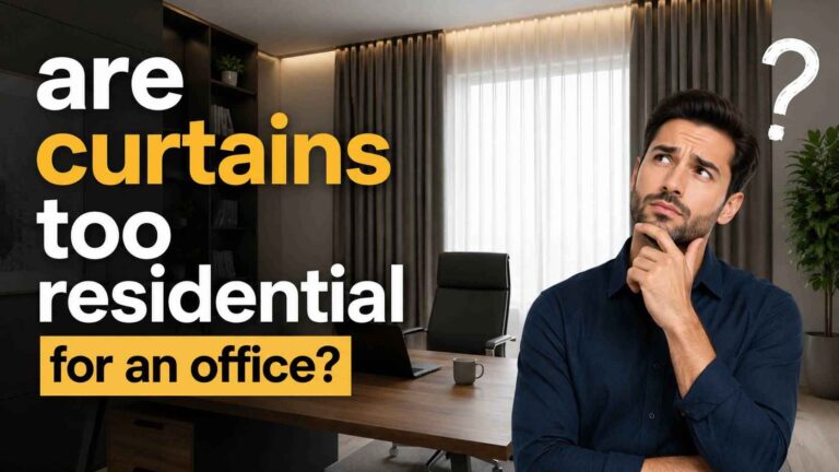 A modern office workspace featuring elegant floor-length curtains, a conference table, and a professional looking thoughtfully at whether curtains are too residential for an office setting while maintaining a stylish corporate atmosphere.