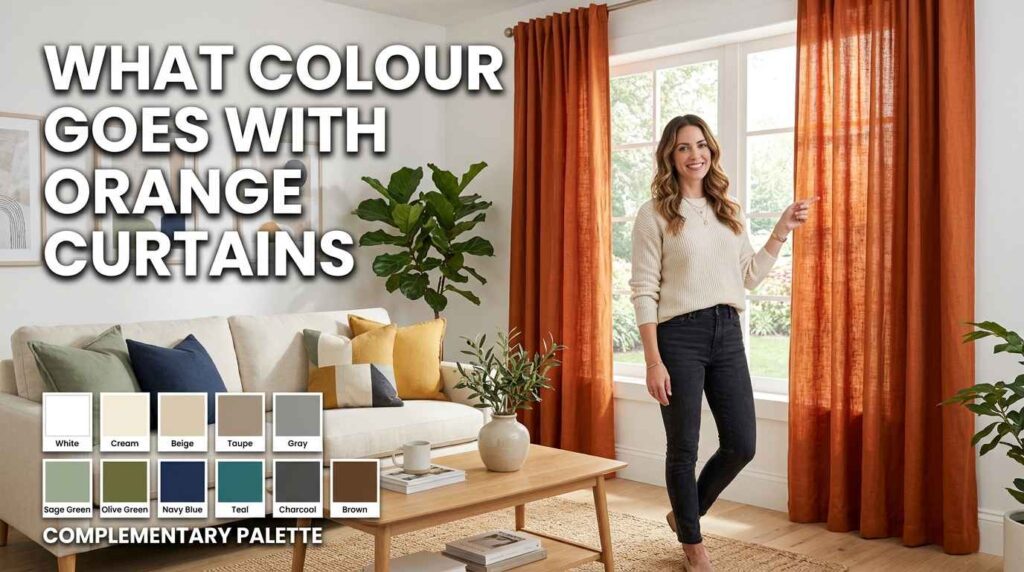 A stylish living room showing the best colours that match orange window curtains, featuring neutral sofa shades, warm decor accents, and a complementary interior colour palette.