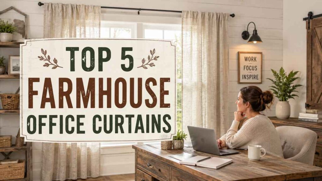 Modern workspace featuring elegant farmhouse office curtains with soft natural light, a wooden desk, and cozy rustic interior design