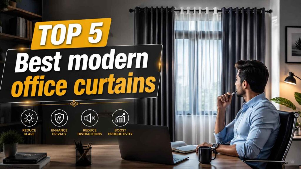 Professional workspace featuring sleek contemporary window drapes, a modern desk setup, and stylish blackout curtains designed for privacy, glare reduction, and improved office productivity.