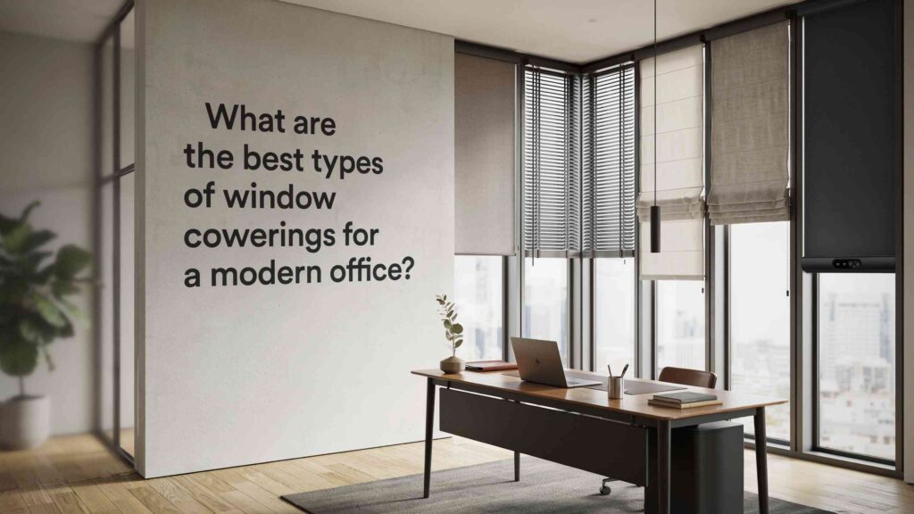 Modern office with roller blinds, Roman shades, and stylish window treatment ideas for improved privacy and light control.