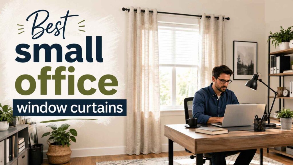 Modern workspace featuring one of the best small office window curtains with elegant light filtering fabric, a professional working at a desk, and a clean minimalist office interior.