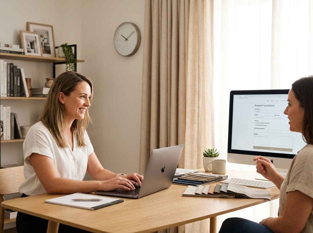 An interior designer discussing curtain decor questions with a client in a bright home office while reviewing curtain fabric samples and window styling options on a computer.