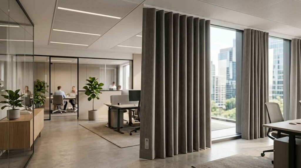Modern office interior featuring flame-resistant window drapes that provide a professional look, privacy, and enhanced safety for commercial spaces.