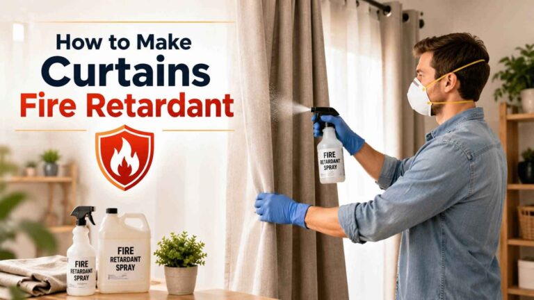 A person is applying a fire-resistant treatment spray to living room curtains while demonstrating how to make curtains fire-retardant for improved home safety and flame protection.