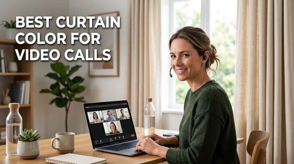 A professional working from home during a virtual meeting, with light beige curtains creating an ideal curtain color for online meetings and a clean video conferencing background.
