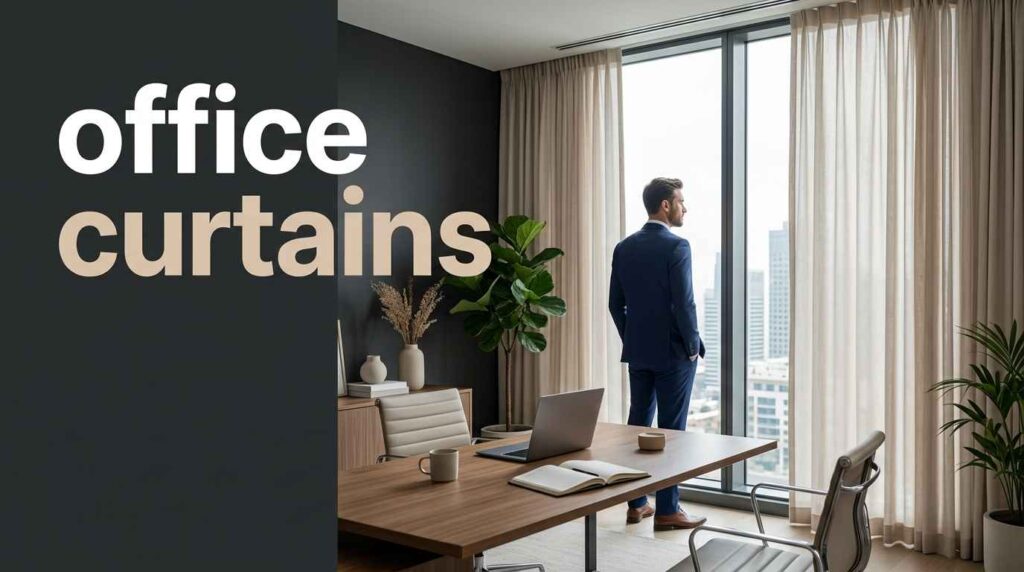 Luxury corporate workspace featuring elegant window drapes and stylish workspace curtain panels with natural light, creating a modern professional office interior.