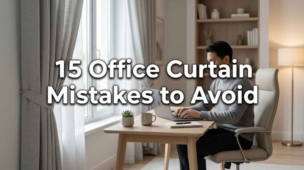 Home office workspace with gray window drapes, a person working on a laptop, highlighting common workplace window treatment errors and styling tips.