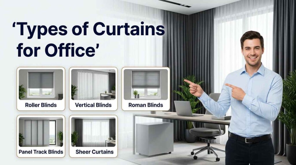 A modern workspace featuring different office window covering styles, including roller, vertical, Roman, and panel track blinds and sheer drapes, with a professional workspace setup.