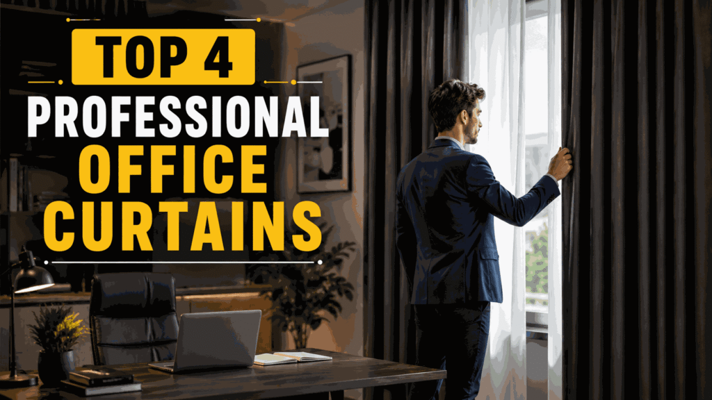 Modern workspace featuring elegant professional office curtains with a businessman adjusting dark blackout drapes beside a bright office window.