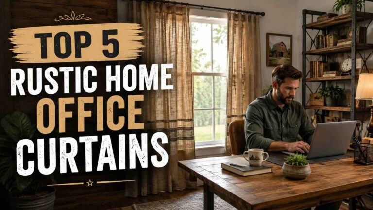 Warm and inviting workspace featuring rustic home office curtains, natural wood furniture, open shelving, and a professional working at a desk in a cozy farmhouse-style office.