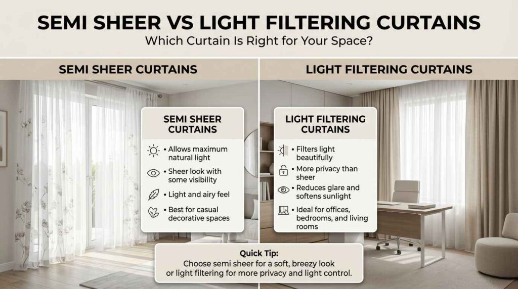 Comparison chart showing airy sheer window panels versus privacy-focused light control drapes in a modern home and office setting.