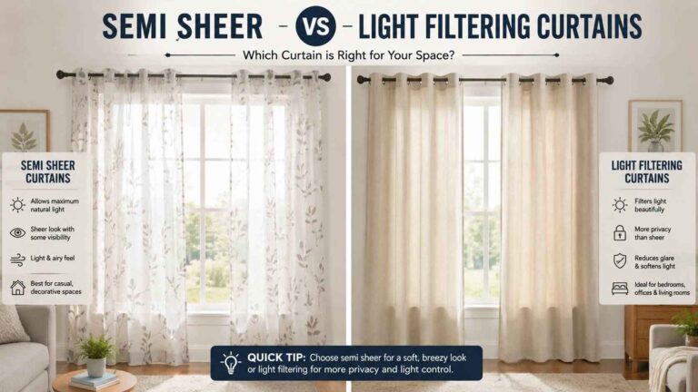 Side-by-side comparison of semi-sheer vs. light-filtering curtains, showing how semi-sheer curtains allow more natural daylight while light-filtering curtains provide greater privacy, glare reduction, and light control for home offices and living spaces.