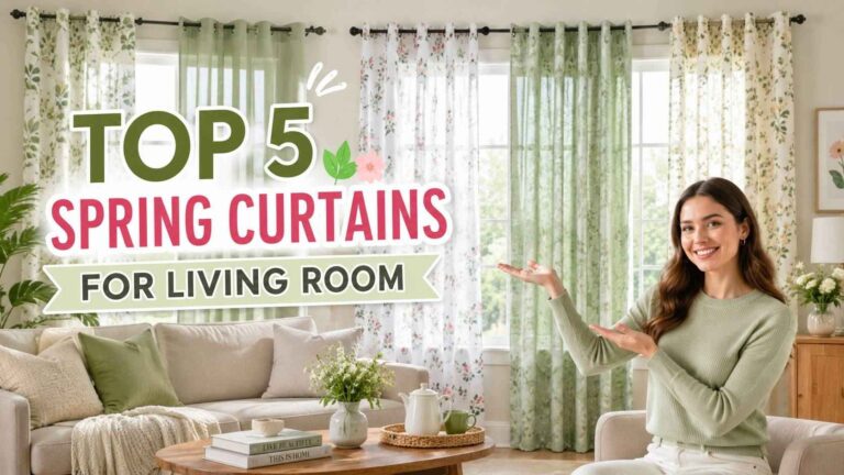 Bright living room featuring floral and sheer spring curtains for living room windows, with soft green tones, natural sunlight, and cozy modern decor.