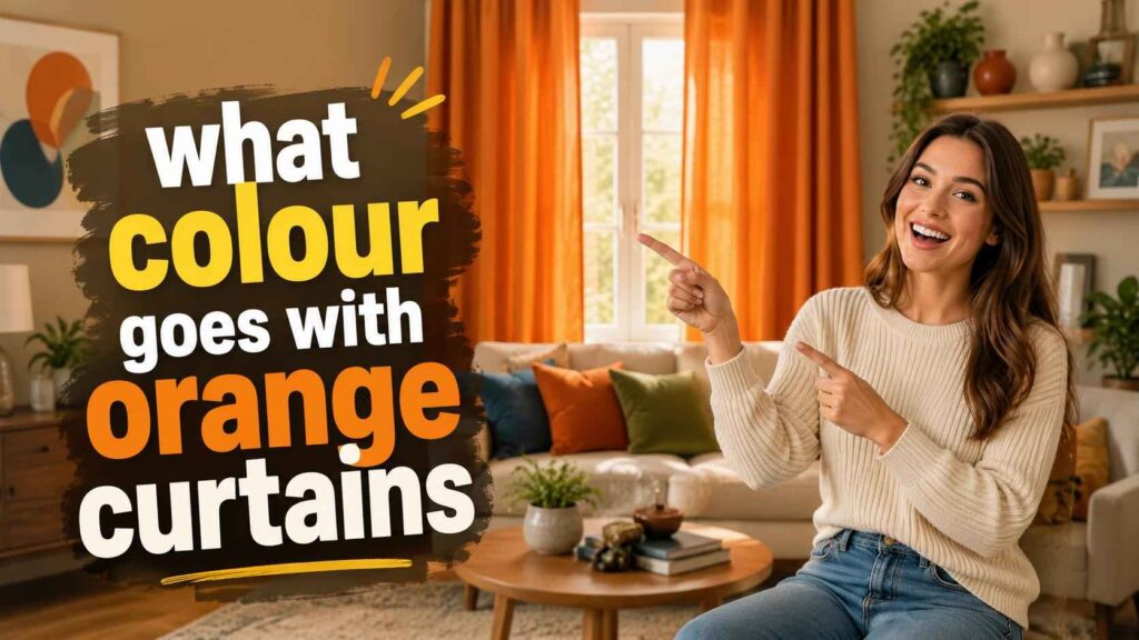 Modern living room design showing what colour goes with orange curtains, featuring a neutral sofa, warm decor accents, and stylish contemporary furniture.