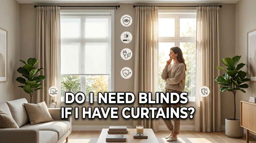 A modern living room with layered window coverings. As a homeowner, compare whether adding window blinds is necessary when curtains are already installed.