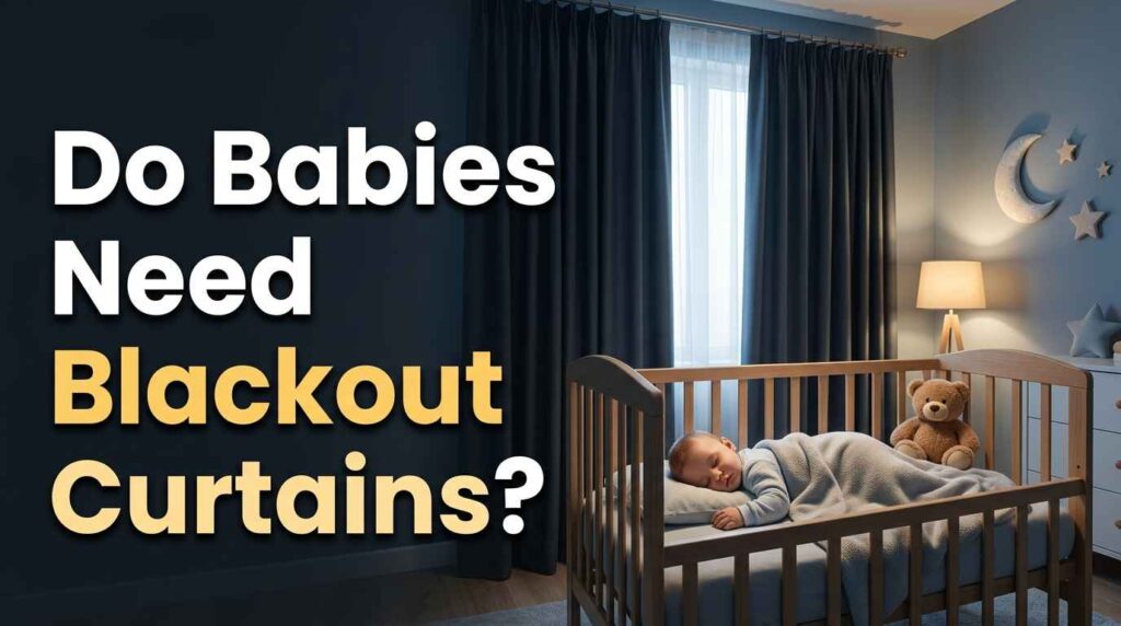 A peacefully sleeping baby in a cozy nursery featuring room-darkening curtains that reduce daylight and create an ideal environment for restful infant sleep.