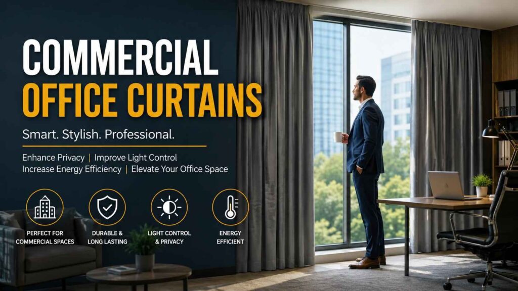 Modern corporate workspace featuring stylish commercial office curtains with a professional setup, large windows, privacy control, and elegant interior design for business offices.
