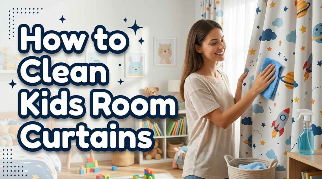 Mother cleaning curtains in a colorful kids' room with a microfiber cloth