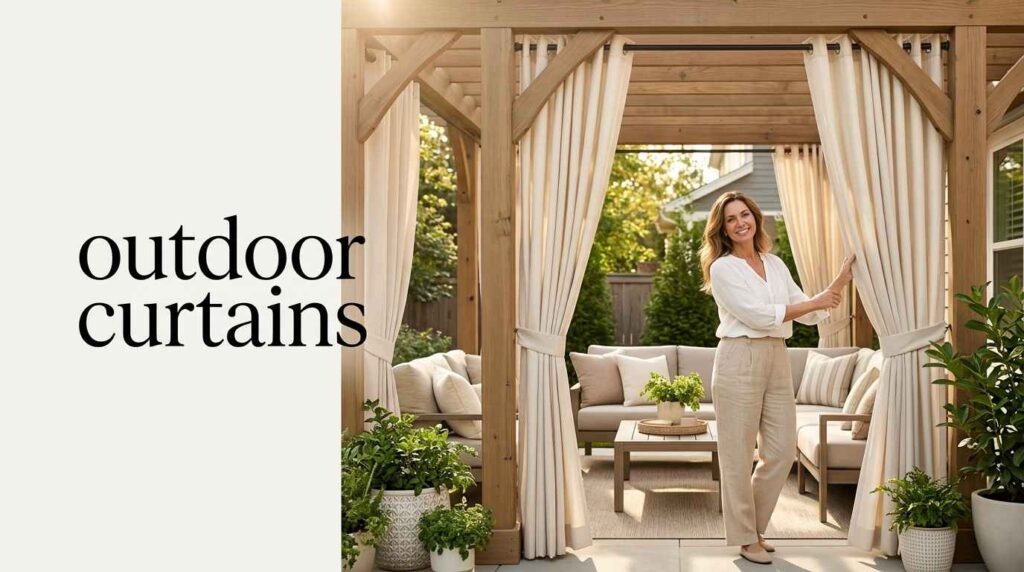 Woman opening cream patio drapes in a wooden pergola