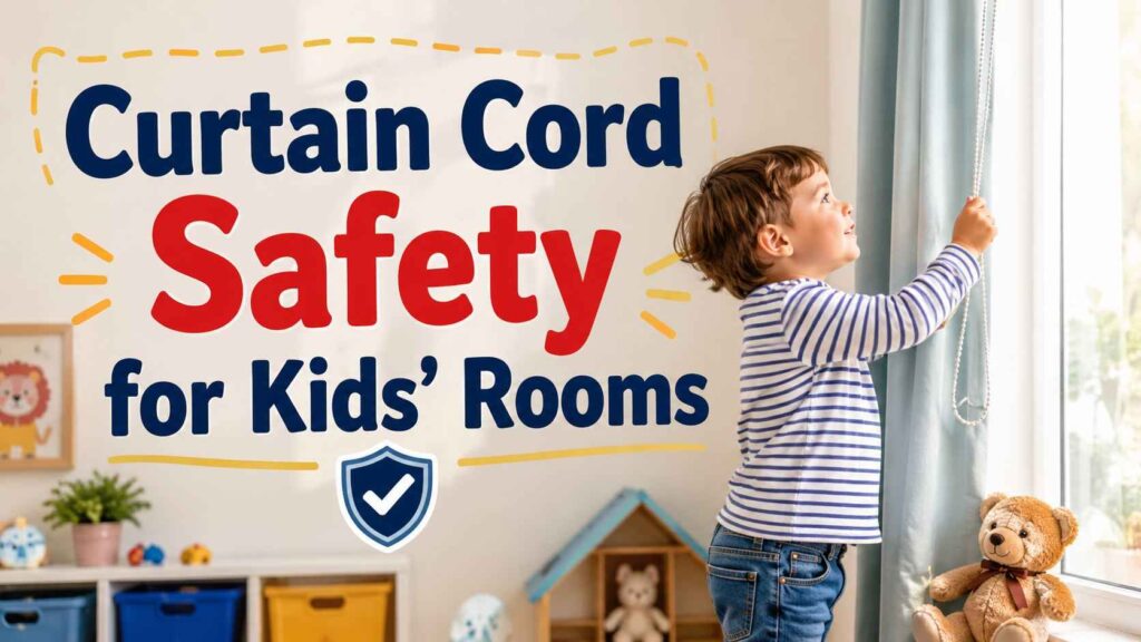 Curtain cord safety for kids' rooms showing a child near a window blind cord
