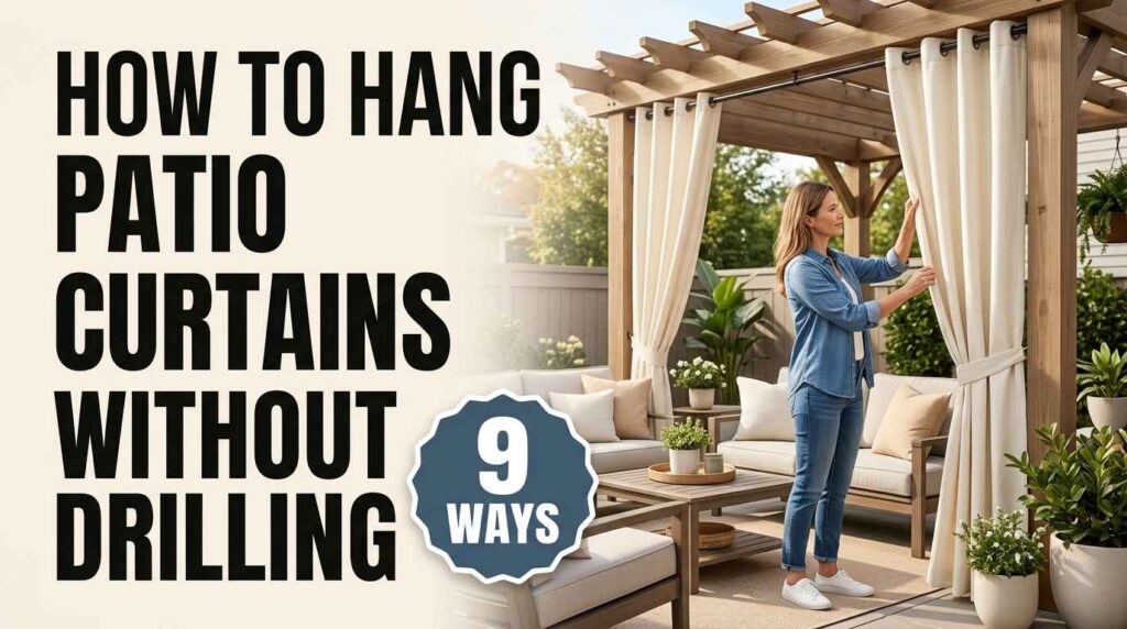 Woman hanging patio curtains on a pergola using a no-drill installation method