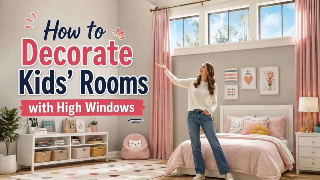 How to Decorate Kids' Rooms with High Windows featuring pink curtains, a cozy bed, and stylish room decor