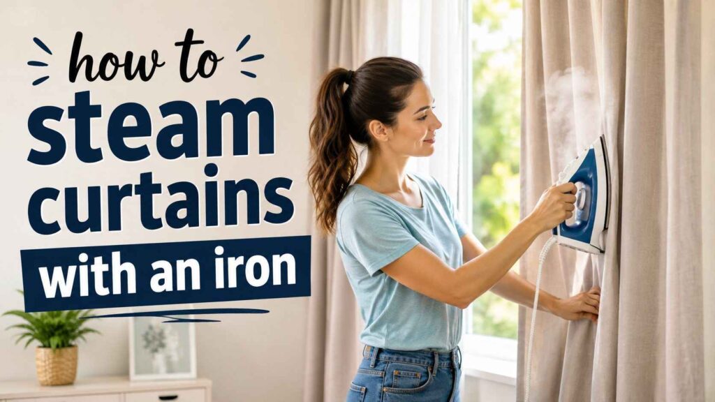 Woman using a steam iron to smooth wrinkles while learning how to steam curtains with an iron.