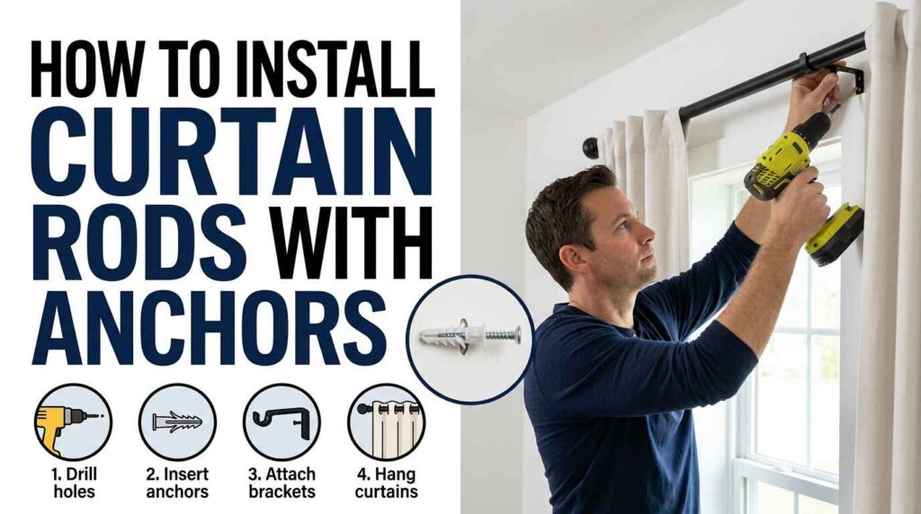 Man drilling curtain rod brackets into a wall using anchors, with steps for securely mounting curtain rods