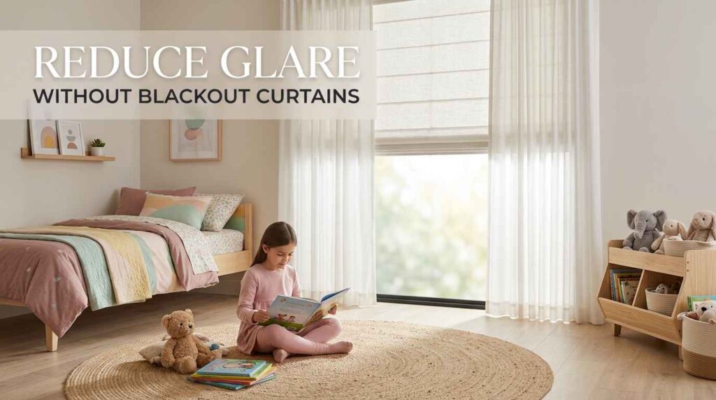 Girl reading in a bright kids’ room with sheer curtains that diffuse sunlight and minimize window glare while preserving soft natural light.
