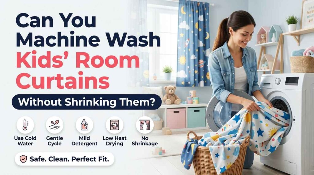Machine washing kids' room curtains safely with cold water, a gentle cycle, mild detergent, and low-heat drying to prevent shrinkage.