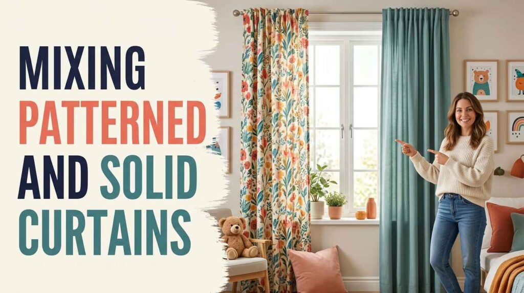 Woman demonstrating how to combine patterned and solid curtains beside a bright window in a colorful room.