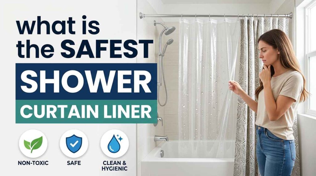 Woman examining a clear, non-toxic shower curtain liner in a clean, modern bathroom for a safer and hygienic shower experience