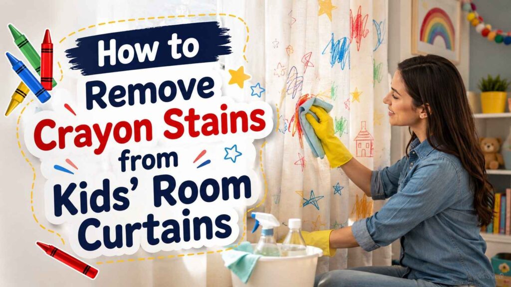 Woman cleaning crayon marks from kids’ room curtains with a cloth and cleaning supplies