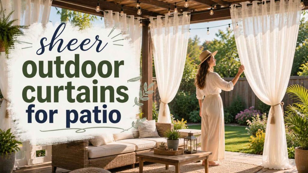 Sheer outdoor curtain panels surrounding a stylish patio seating area, with a woman adjusting the lightweight fabric in a sunny garden setting.