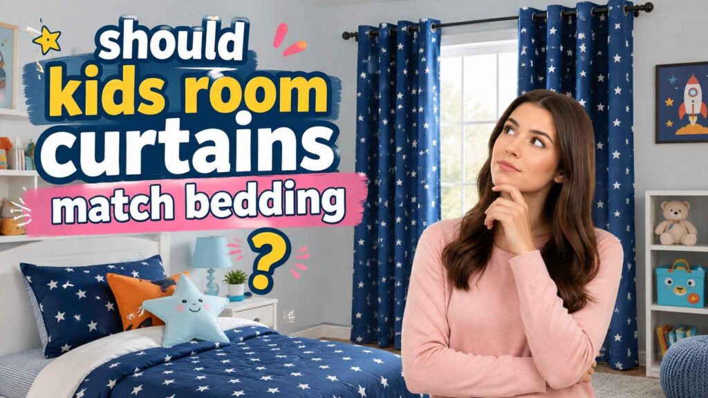 Should kids' room curtains match bedding? Blue star-pattern curtains and matching bedding in a stylish kids' bedroom with coordinated decor.
