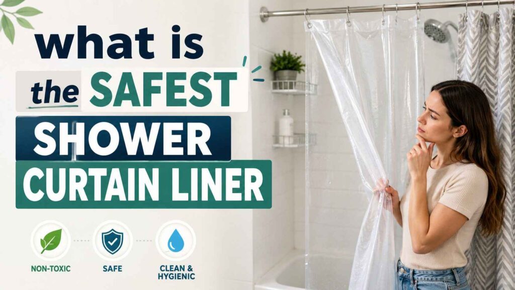 What is the safest shower curtain liner featuring a woman examining a clear liner in a clean bathroom